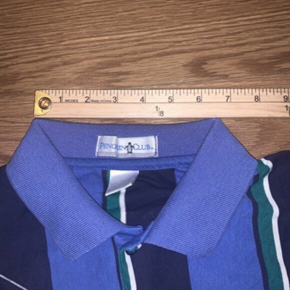 Penguin Club Men’s Short Sleeve Polo Large Blue Green Black Striped VTG Style - Picture 5 of 7